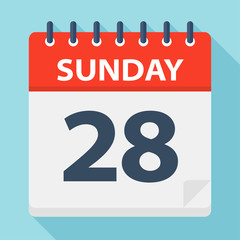 Sunday 28 - Calendar Icon. Vector illustration of week day paper leaf.