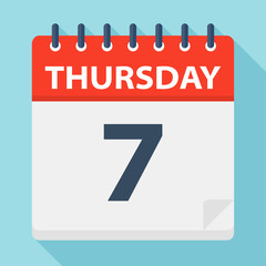 Thursday 7 - Calendar Icon. Vector illustration of week day paper leaf.