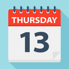 Thursday 13 - Calendar Icon. Vector illustration of week day paper leaf.