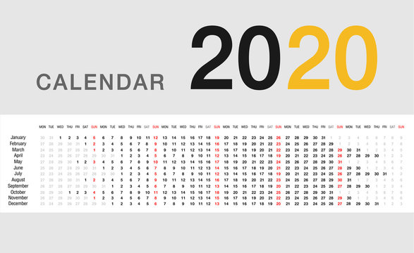 Colorful Calendar year 2020 vector design template, simple and clean design. Calendar for 2020 on White Background for organization and business. Week Starts Monday. Simple Vector Template. EPS10.