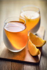 White and orange fruit jelly poured diagonally