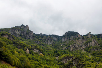 Fototapeta na wymiar View of big rocks at the the top of a mountain with small trees. It is a beautiful nature scene. The image is captured in Trabzon/Rize area of Black Sea region located at northeast of Turkey.
