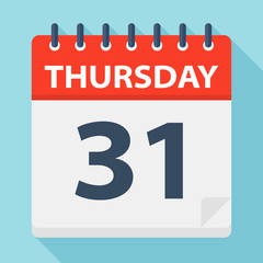 Thursday 31 - Calendar Icon. Vector illustration of week day paper leaf.