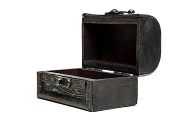 A wodden vintage box, chest on white background. Side, opened