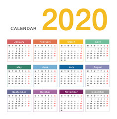 Colorful Calendar year 2020 vector design template, simple and clean design. Calendar for 2020 on White Background for organization and business. Week Starts Monday. Simple Vector Template. EPS10.