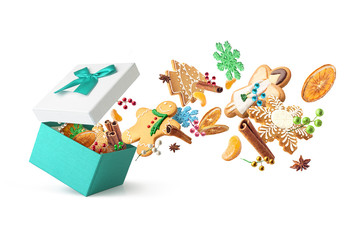 New Year card. Box for gifts with ginger cookies and Christmas toys isolated on white background