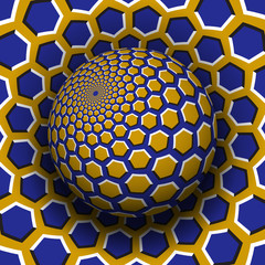Optical illusion vector illustration. Yellow blue hexagons patterned sphere soaring above the same surface.