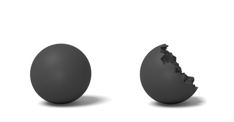 3d rendering of two isolated black round balls standing near each other, one whole and another half-broken.