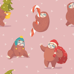 christmas seamless pattern with cute cartoon sloths, garland, candy cane, santa claus and christmas tree.wrapping paper pattern