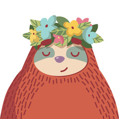 cute cartoon sloth with wreath of flowers © dromp