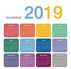 Colorful Calendar year 2019 vector design template, simple and clean design. Calendar for 2019 on White Background for organization and business. Week Starts Monday. Simple Vector Template. EPS10.
