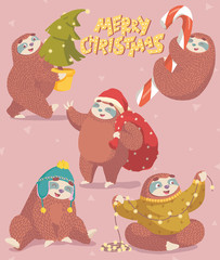 Set of Christmas illustrations with sloth. Merry Christmas lettering. Children's illustrations. Christmas card design