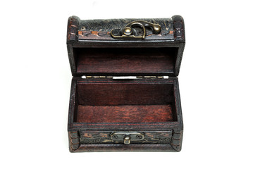 A wodden vintage box, chest on white background. On top, opened