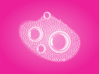 Soap Bubbles in Bath or Sud. Vector. Transparent Foam on Pink Soda water background.