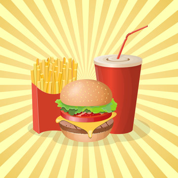 Burger, french fries and soda cup - cute cartoon colored picture. Graphic design elements for menu, poster, brochure. Vector illustration of fast food for bistro, snackbar, cafe or restaurant.