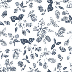 Blackberries. Background, texture, wallpaper. Seamless. Risnok black on a white background. Silhouette. Doodle