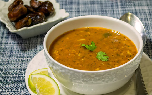 Traditional Moroccan Soup Harira served with dates. Events Ramadan