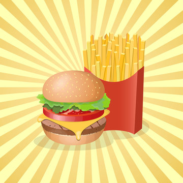 Burger and french fries in paper box - cute cartoon colored picture. Graphic design elements for menu, poster, brochure. Vector illustration of fast food for bistro, snackbar, cafe or restaurant.