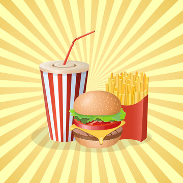 Burger with french fries and soda cup - cute cartoon colored picture. Graphic design elements for menu, packaging, advertising, poster, brochure or background. Vector illustration of fast food.