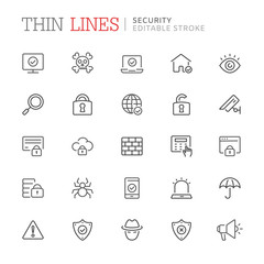 Collection of security relared line icons. Editable stroke