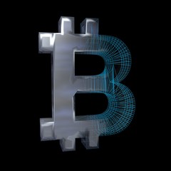 Bitcoin sign, platinum or silver turns into a blue grid on a black background. 3D illustration