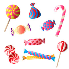 Set of sweet, delicious chocolates in a multi-colored wrapper and different shapes.