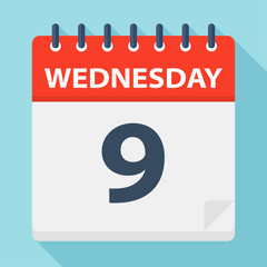 Wednesday 9 - Calendar Icon. Vector illustration of week day paper leaf.