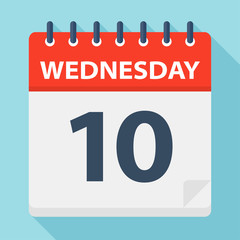 Wednesday 10 - Calendar Icon. Vector illustration of week day paper leaf.