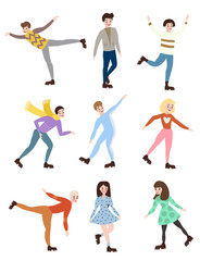 Set of professional men and women figure skating and performing wonderful complex shapes and stunts.