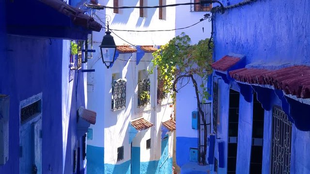Beautiful street view of the blue medina of town Chefchaouen in Morocco, Africa
