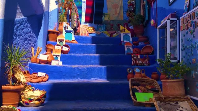 Stairs on street of the blue medina of town Chefchaouen in Morocco, Africa