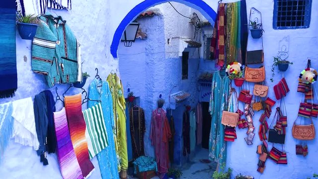 Colorful souvenirs of the blue medina of town Chefchaouen in Morocco, Africa