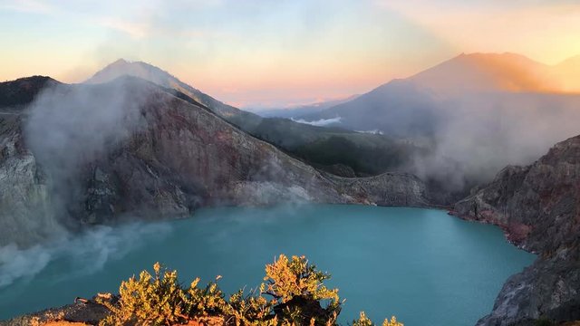 Beautiful sunrise at the top of volcano Kawah Ijen, East Java, Indonesia, Asia