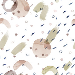 White seamless pattern illustration with watercolor blue, pink gray and beige spots and blemishes. Will be good for decor a postcard, posters,gift decor,wrapping paper,gift boxes, fabric and etc.