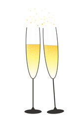 Festive glasses of champagne in gold and black collors with stars and bubbles on a white background, vector illustration