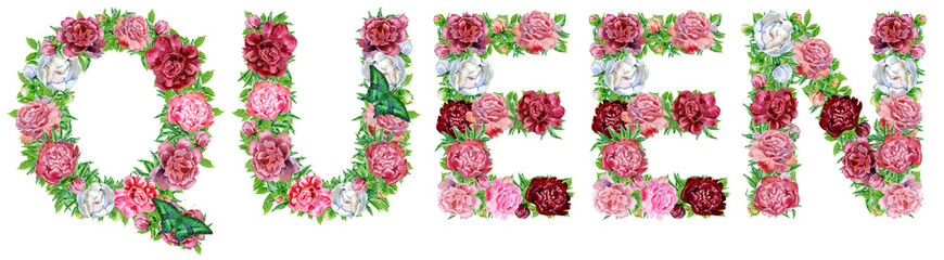 Word QUEEN of watercolor flowers for decoration