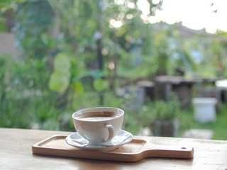 Coffee break with natural view background blurry selective focus chilling days