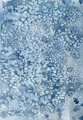 Blue frost background with watercolor splashes. This illustration will be grate for design greeting cards, post cards, lettering, wedding and other invitations, bussiness e-mails and site decor, etc. 