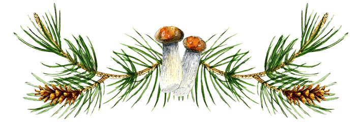 Watercolor embellishment decor element with pine branches, pine cone and mushrooms. Will be good to use for greeting cards, post cards, lettering, wedding and other invitations, e-mal design etc.