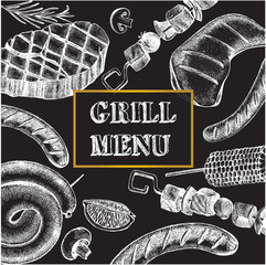 Background with Ink hand drawn meat products and grilled dishes. Food elements collection. Vector illustration. © olga_zaripova