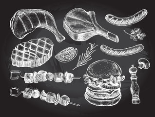 Ink hand drawn set of meat products and grilled dishes. Food elements collection. Vector illustration. - 235479900