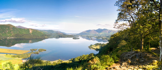 View from Surprise View near Keswick in the morning with reflections in Derwent Water, Lake District, Cumbria England - obrazy, fototapety, plakaty