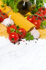 spaghetti, fresh tomatoes and spices on a white background, vertical top view
