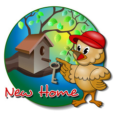 New home. Moving in new house - greeting card. Vector illustration - Sparrow with a key near the birdhouse in a circular design