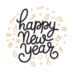 Happy New Year lettering template. Greeting card or invitation. Hand drawn typography inscription. Winter holidays related typographic quote.