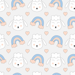 Lovely seamless pattern with cute sheep, rainbow and heart. Scandinavian design. Vector illustration.