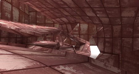 Empty  abstract room interior of sheets rusted metal. Architectural background. 3D illustration and rendering