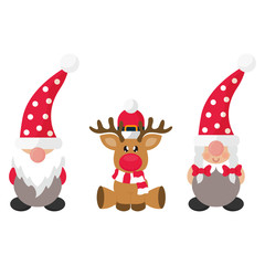 cartoon christmas dwarf boy and girl and сhristmas deer