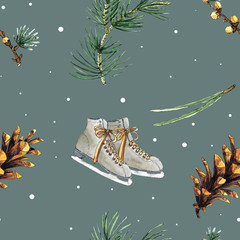 Watercolor seamless pattern with pine branches, cones, needles and ice skate shoes. Looks perfectly at gift wrapping, boxes design, site and greeting cards background, bussiness e-mail decor and etc.