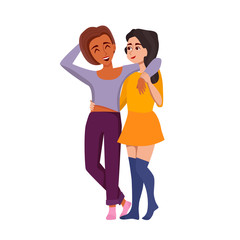 Two young smiling woman. Isolated on white background. Vector cartoon illustration in flat style